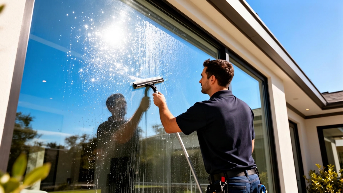Professional window cleaner in Western New York wiping a sparkling clean window